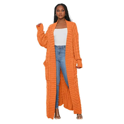 Kintted Cardigan Women Long Jacket Autumn Winter Yellow Crochet Loose Long Sleeve Woman Sweater Warm Jumper Causal Cardigans