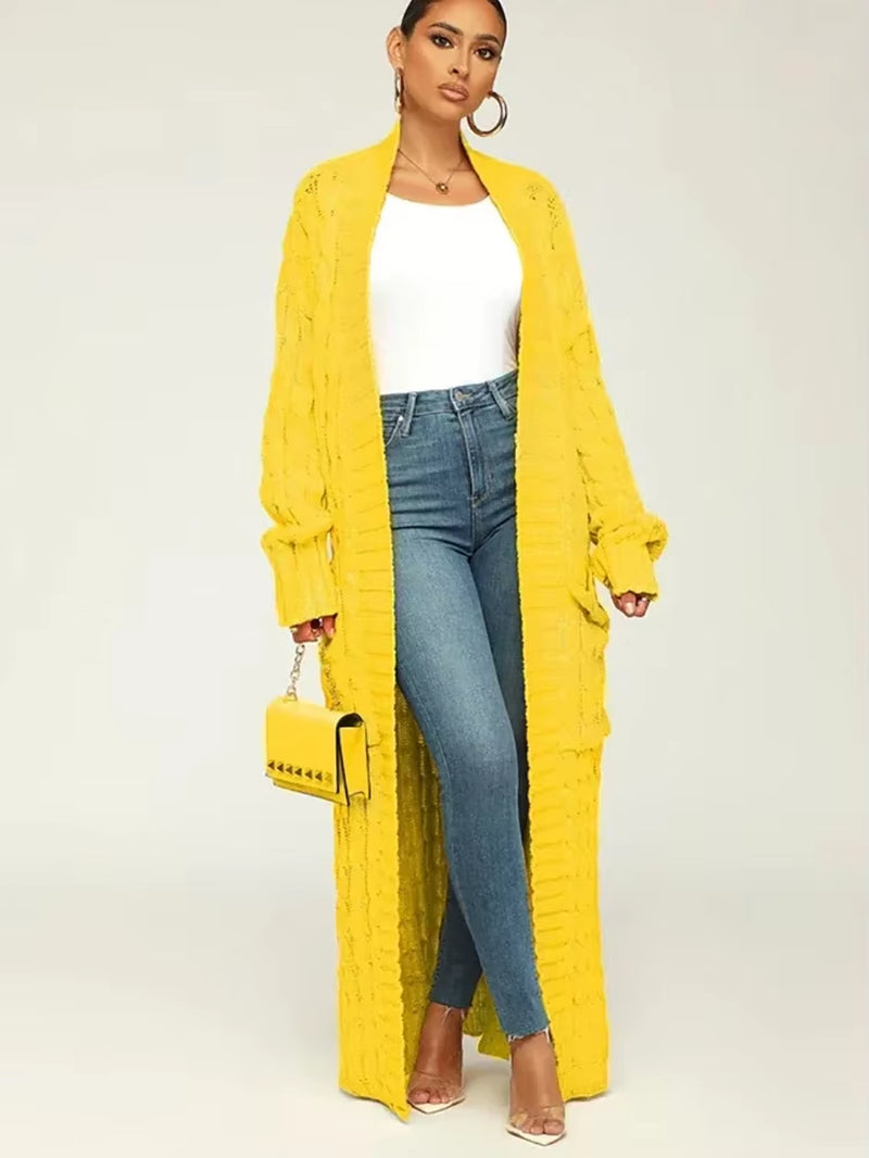 Kintted Cardigan Women Long Jacket Autumn Winter Yellow Crochet Loose Long Sleeve Woman Sweater Warm Jumper Causal Cardigans