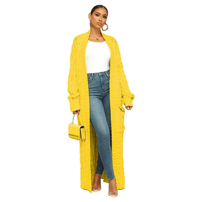 Kintted Cardigan Women Long Jacket Autumn Winter Yellow Crochet Loose Long Sleeve Woman Sweater Warm Jumper Causal Cardigans